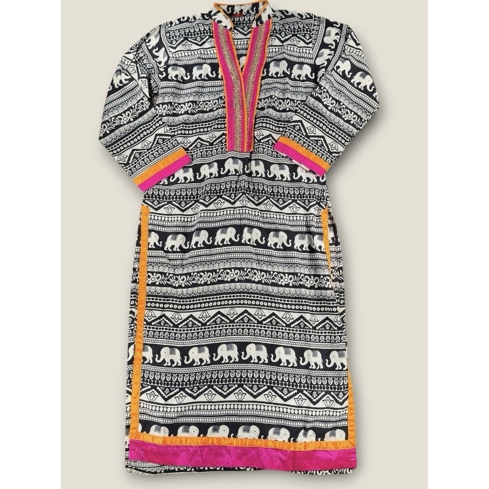 SMโ Indian Kurta Tunic Dress Sz S Black White Elephant Pink Embroidered